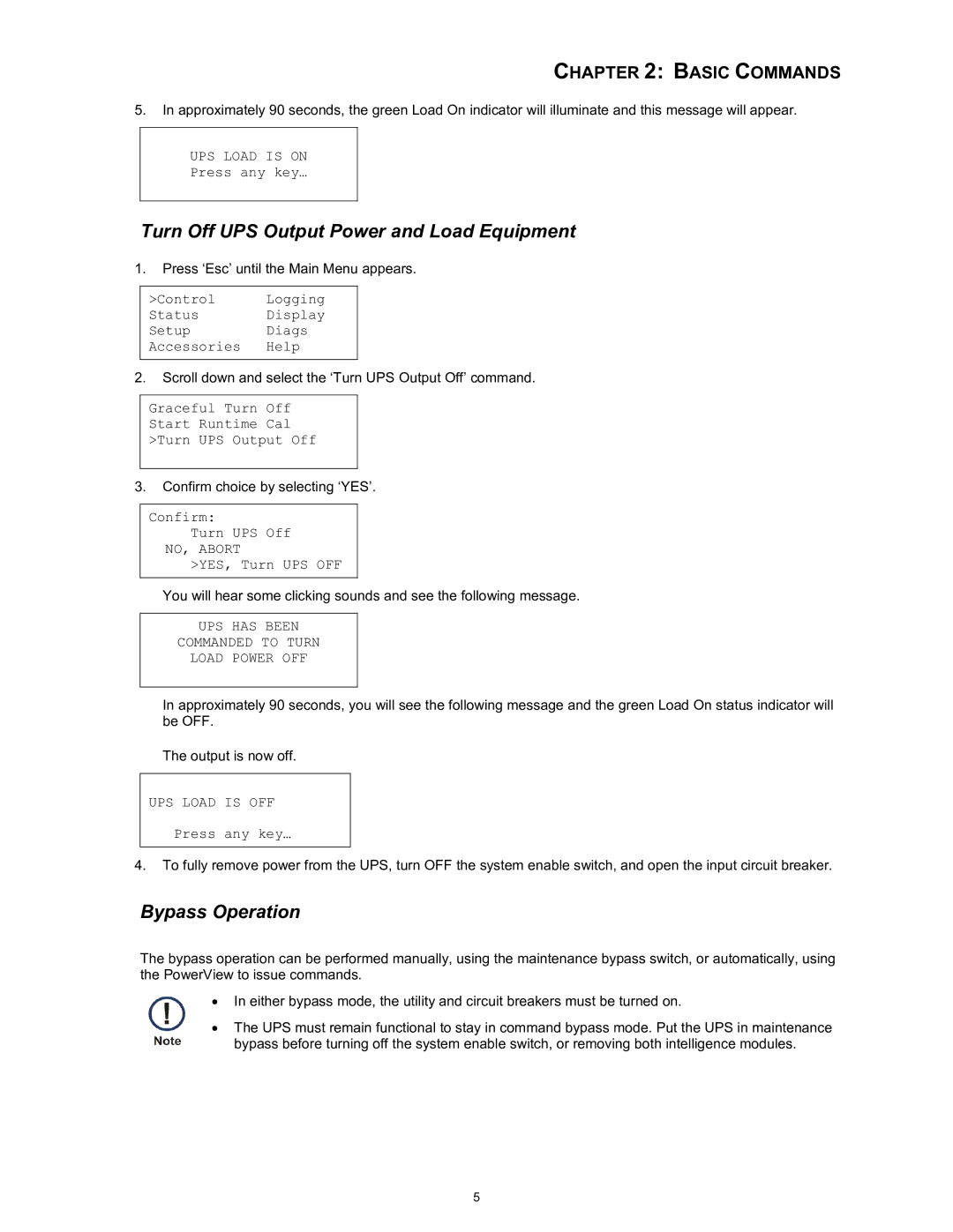 APC SYBATT manual Turn Off UPS Output Power and Load Equipment, Bypass Operation 