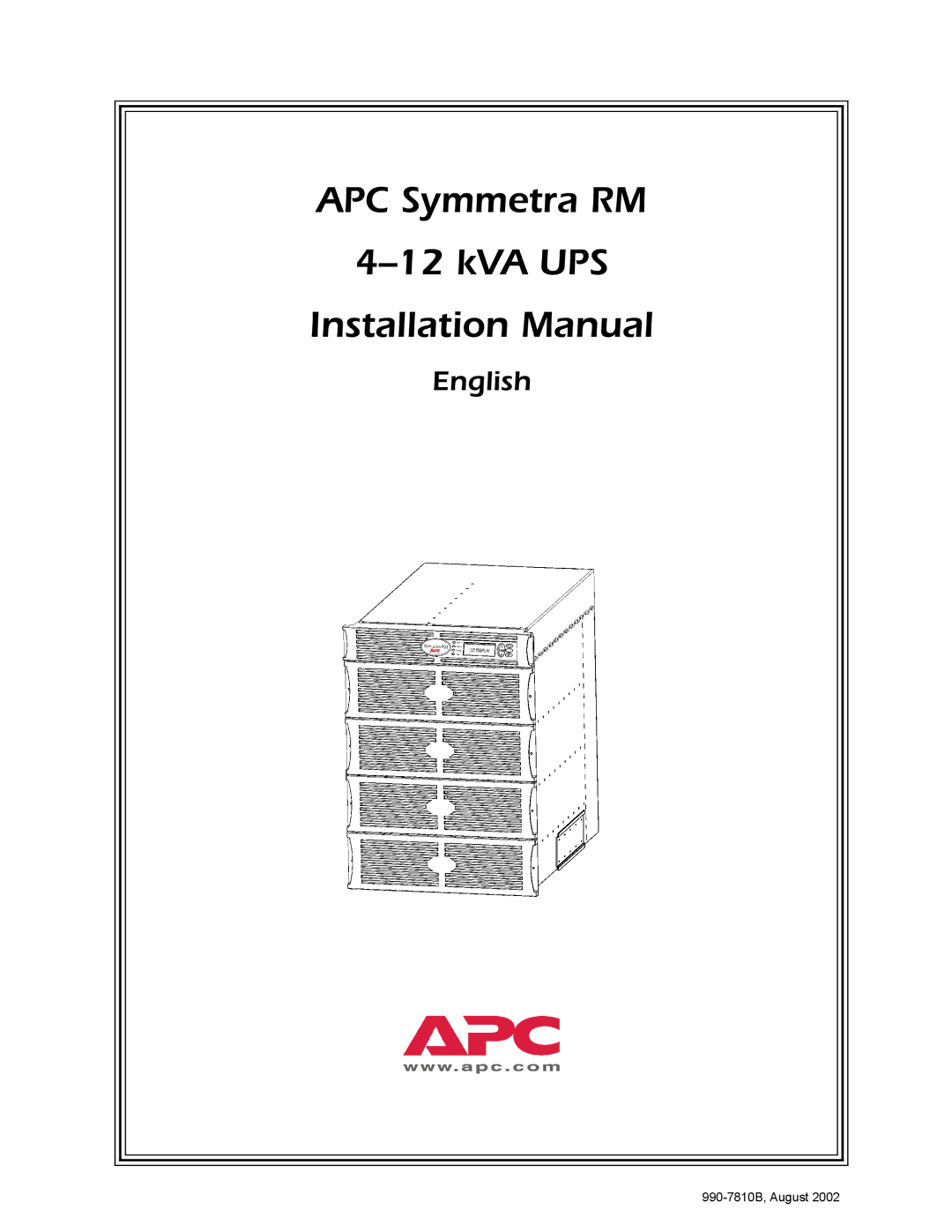 APC 412 kVA, SYBT3 installation manual APC Symmetra RM KVA UPS Installation Manual 