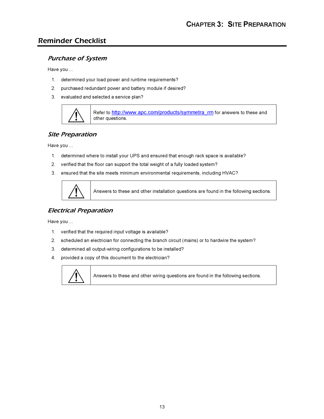 APC 412 kVA, SYBT3 installation manual Reminder Checklist, Purchase of System, Site Preparation, Electrical Preparation 