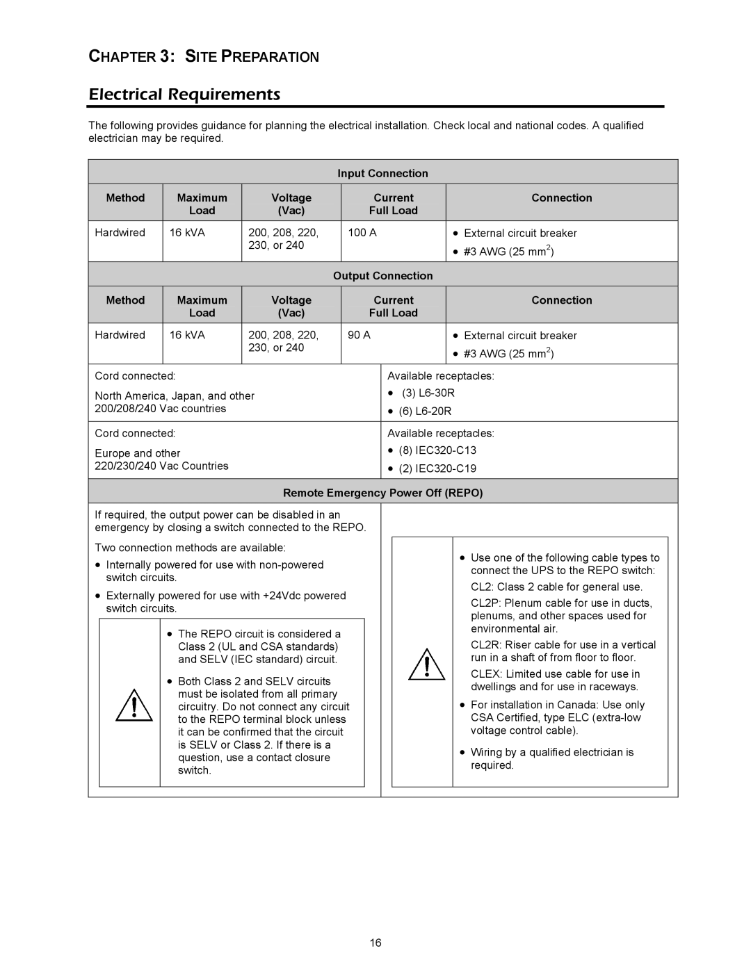 APC SYBT3, 412 kVA installation manual Electrical Requirements, Remote Emergency Power Off Repo 