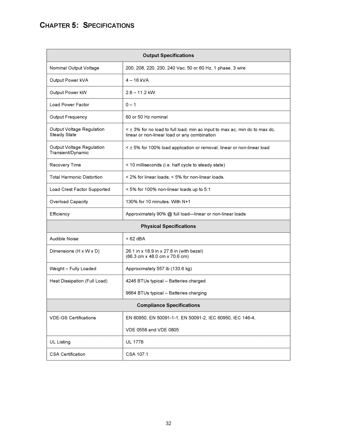 APC SYBT3, 412 kVA installation manual Output Specifications, Physical Specifications, Compliance Specifications 