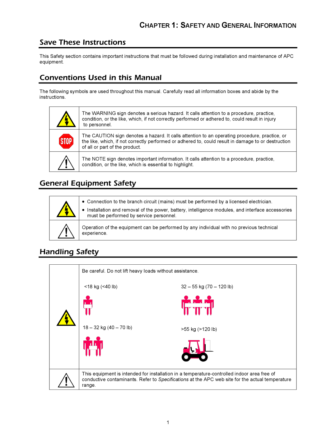 APC 412 kVA, SYBT3 installation manual Conventions Used in this Manual, General Equipment Safety, Handling Safety 