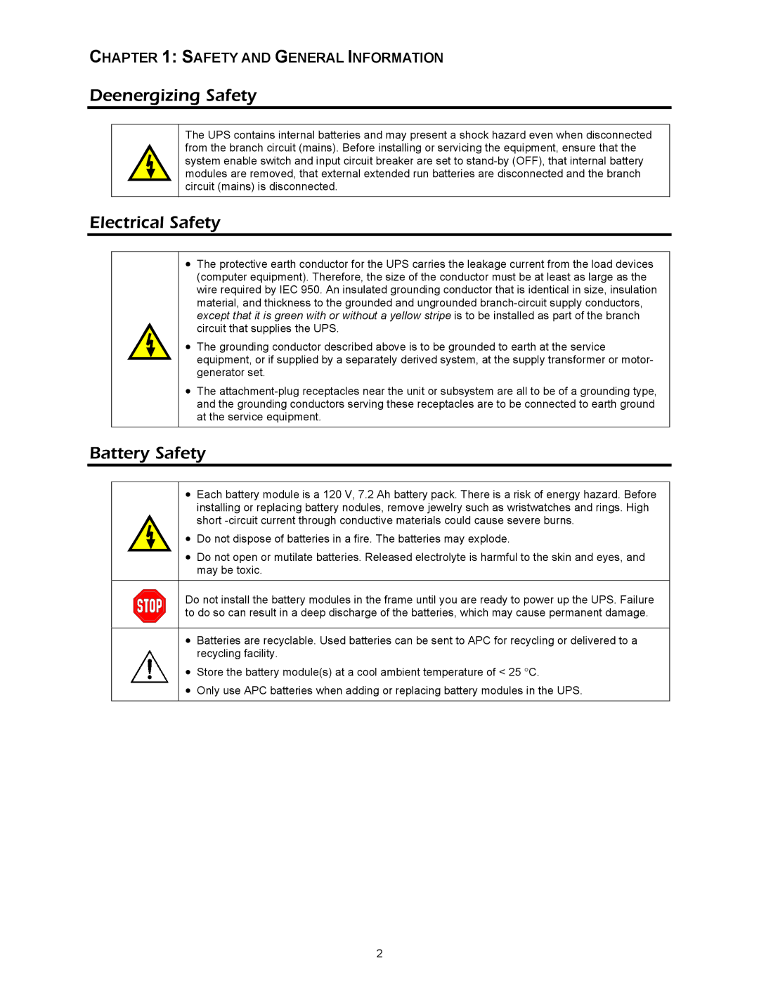 APC SYBT3, 412 kVA installation manual Deenergizing Safety, Electrical Safety, Battery Safety 