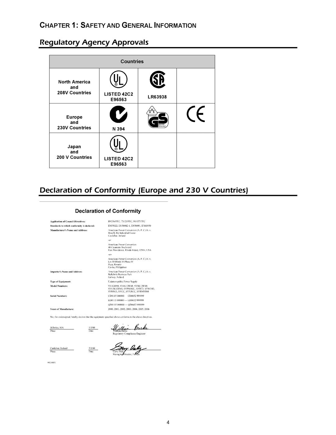 APC SYBT3, 412 kVA installation manual Regulatory Agency Approvals, Declaration of Conformity Europe and 230 V Countries 