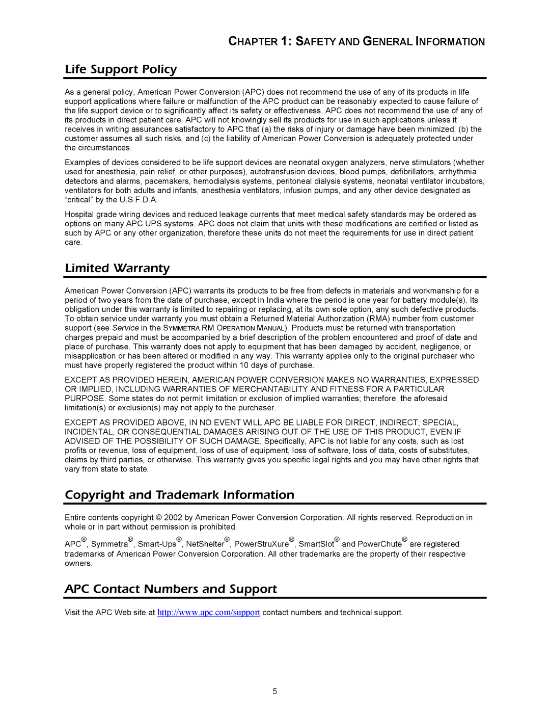 APC 412 kVA Life Support Policy, Limited Warranty, Copyright and Trademark Information, APC Contact Numbers and Support 