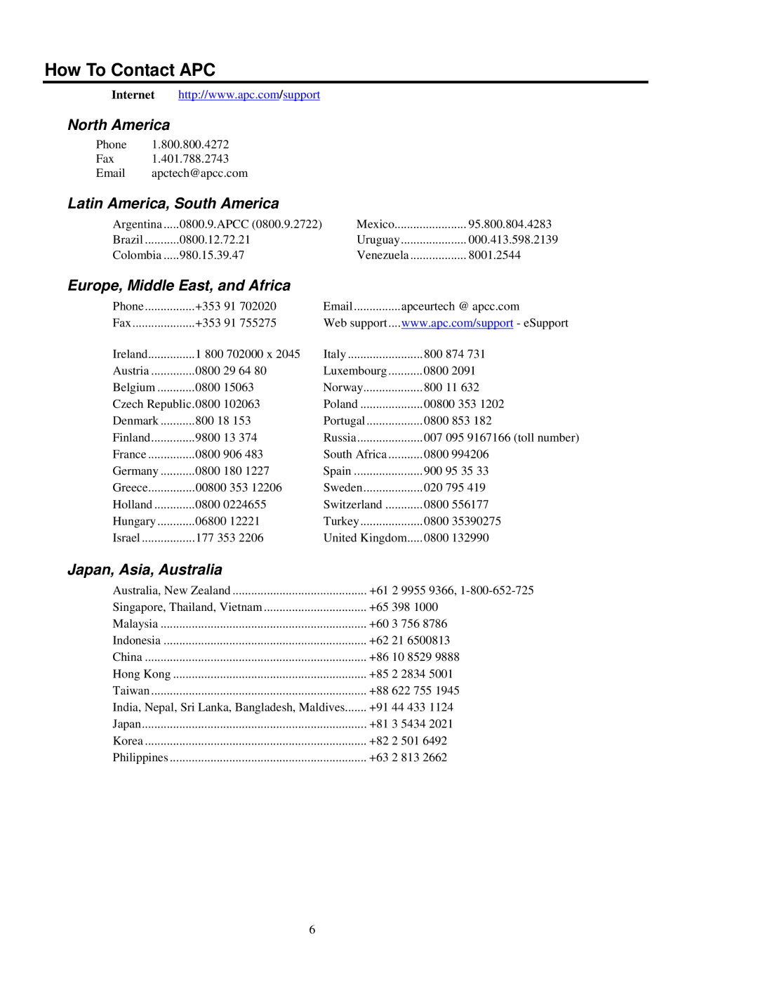 APC 990-1031, SYPM2KU How To Contact APC, North America, Latin America, South America, Europe, Middle East, and Africa 