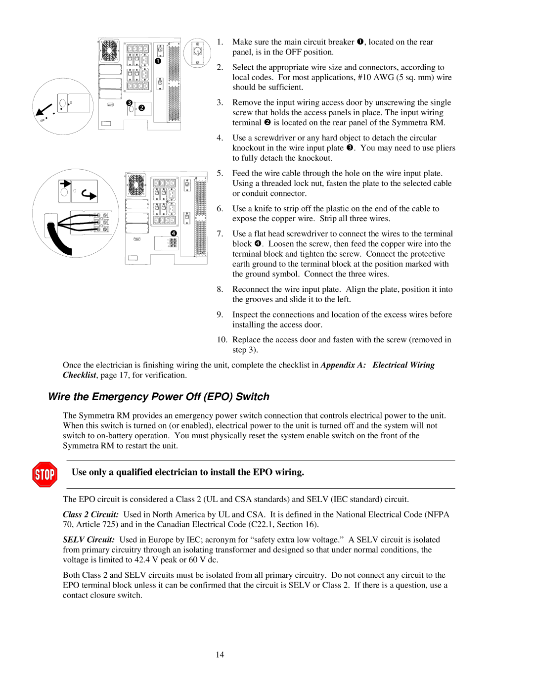 APC SYPM2KU, 990-1031 Wire the Emergency Power Off EPO Switch, Use only a qualified electrician to install the EPO wiring 