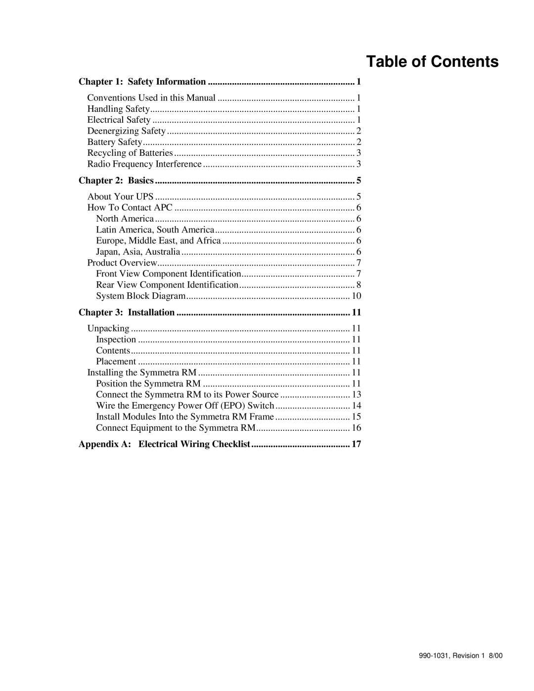 APC SYPM2KU, 990-1031, SYBT2 installation manual Table of Contents 