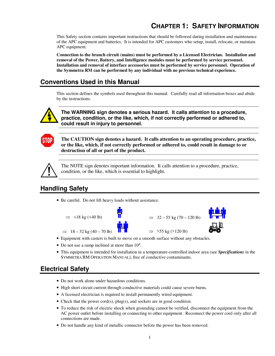 APC SYBT2, SYPM2KU, 990-1031 installation manual Conventions Used in this Manual, Handling Safety, Electrical Safety 