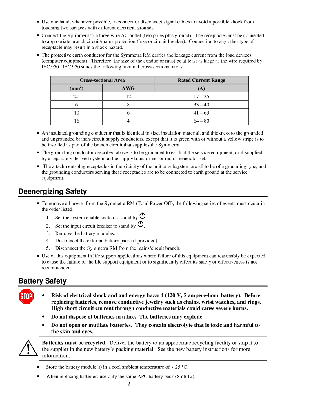 APC SYPM2KU, 990-1031, SYBT2 installation manual Deenergizing Safety, Battery Safety 