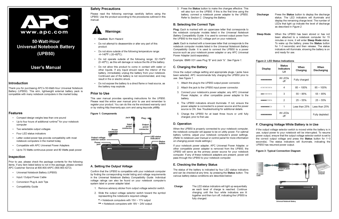 APC UPB50 user manual A. Setting the Output Voltage, B. Selecting the Correct Tips, C. Charging the Battery, D. Operation 