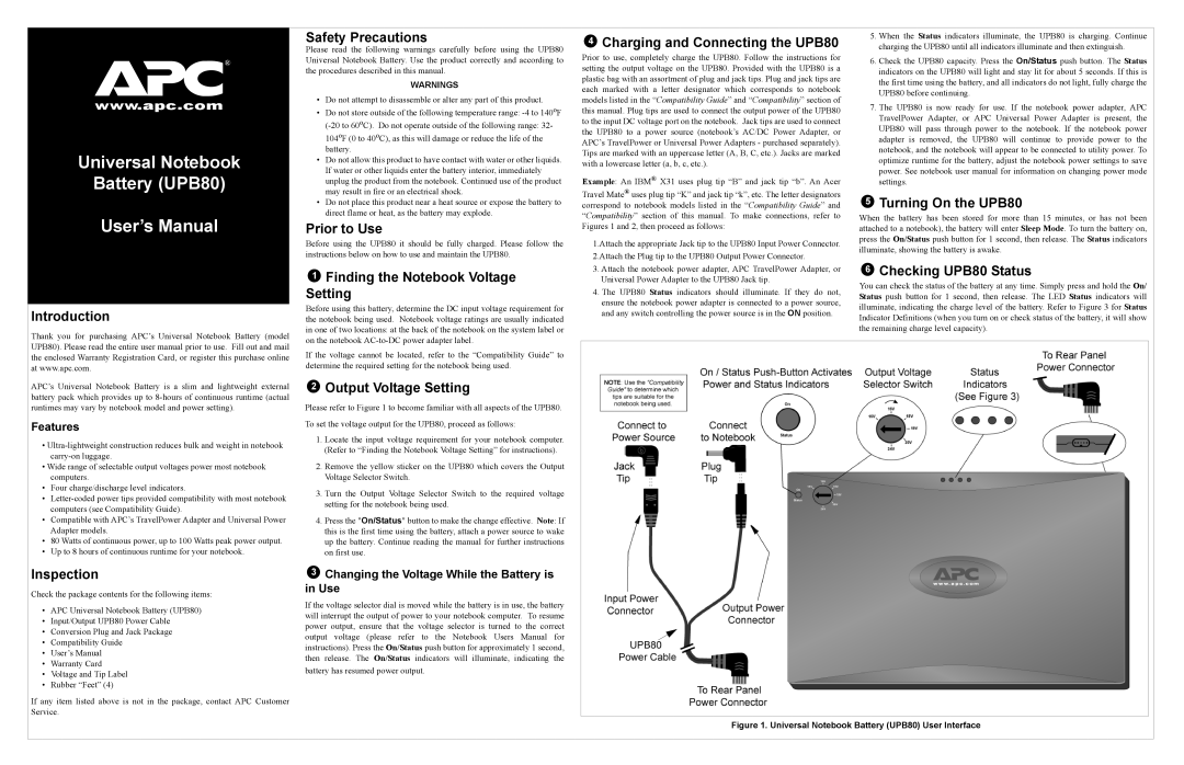 APC UPB80 user manual Introduction, Safety Precautions, Prior to Use, Finding the Notebook Voltage Setting, Inspection 