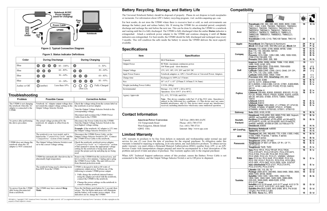 APC UPB80 Battery Recycling, Storage, and Battery Life, Compatibility, Troubleshooting, Specifications, Limited Warranty 