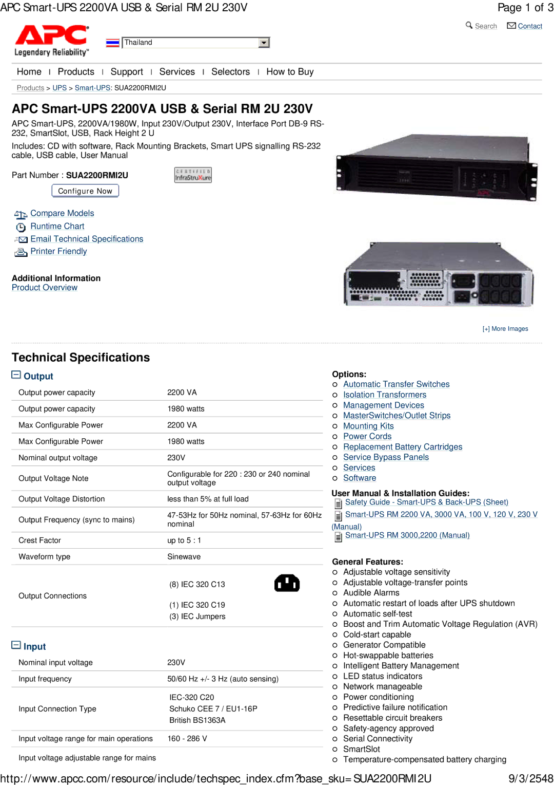 APC RM 2U 230V, UPS 2200VA technical specifications Output, Input, Additional Information, Options, General Features 