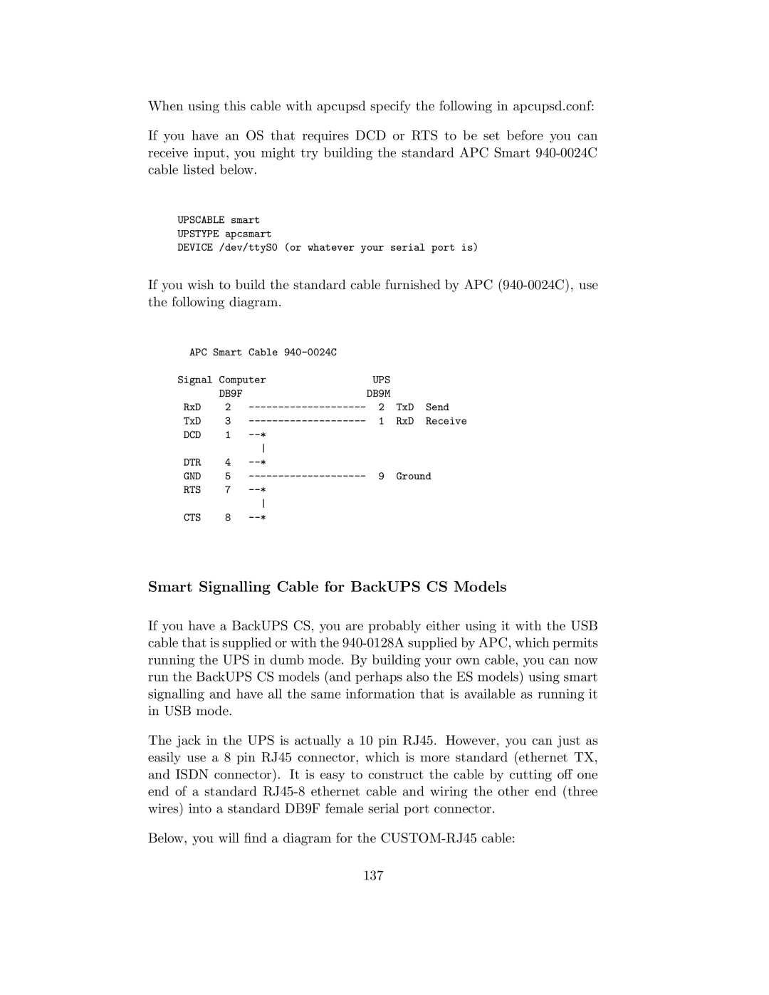 APC UPS control system manual Smart Signalling Cable for BackUPS CS Models 