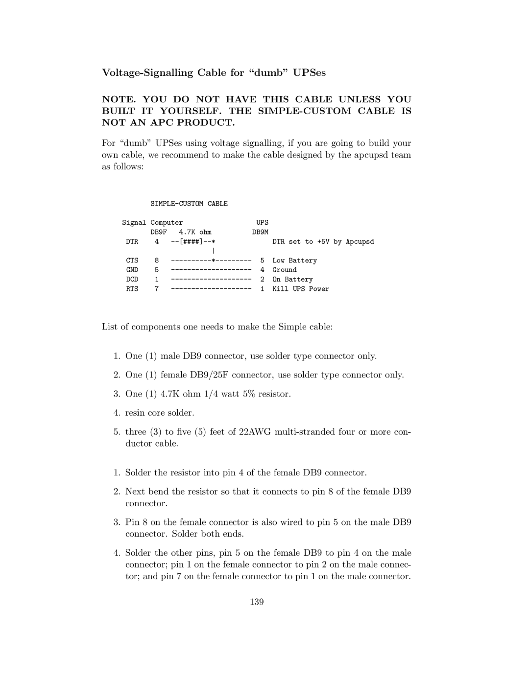 APC UPS control system manual Voltage-Signalling Cable for dumb UPSes, 139 