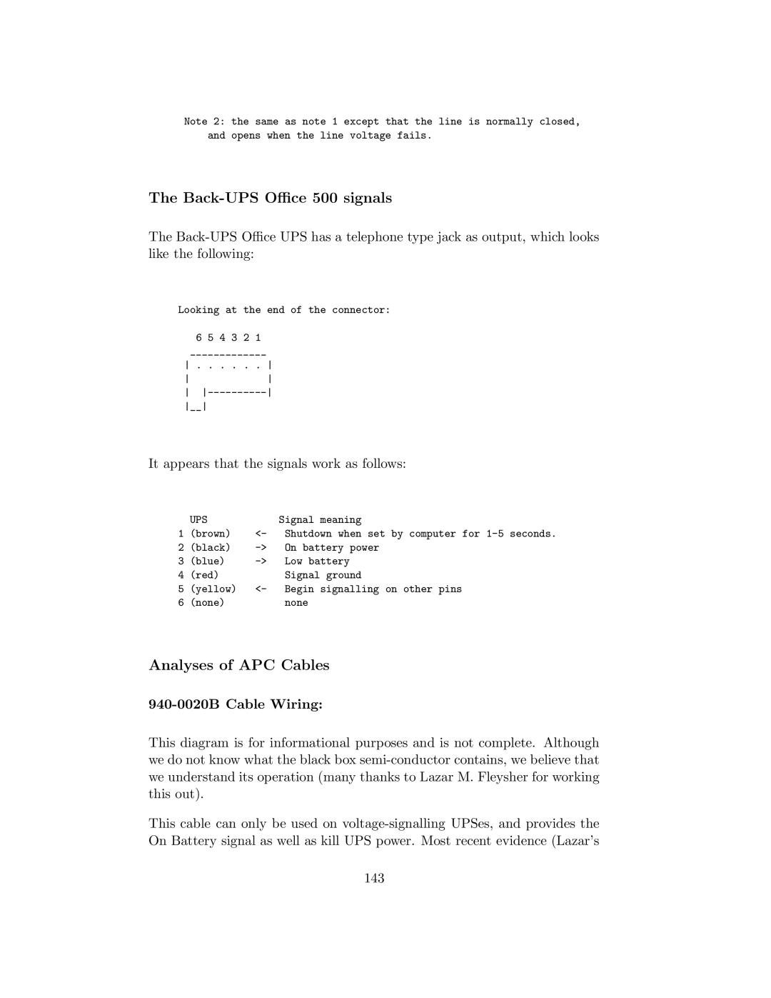 APC UPS control system Back-UPS Oﬃce 500 signals, Analyses of APC Cables, It appears that the signals work as follows 