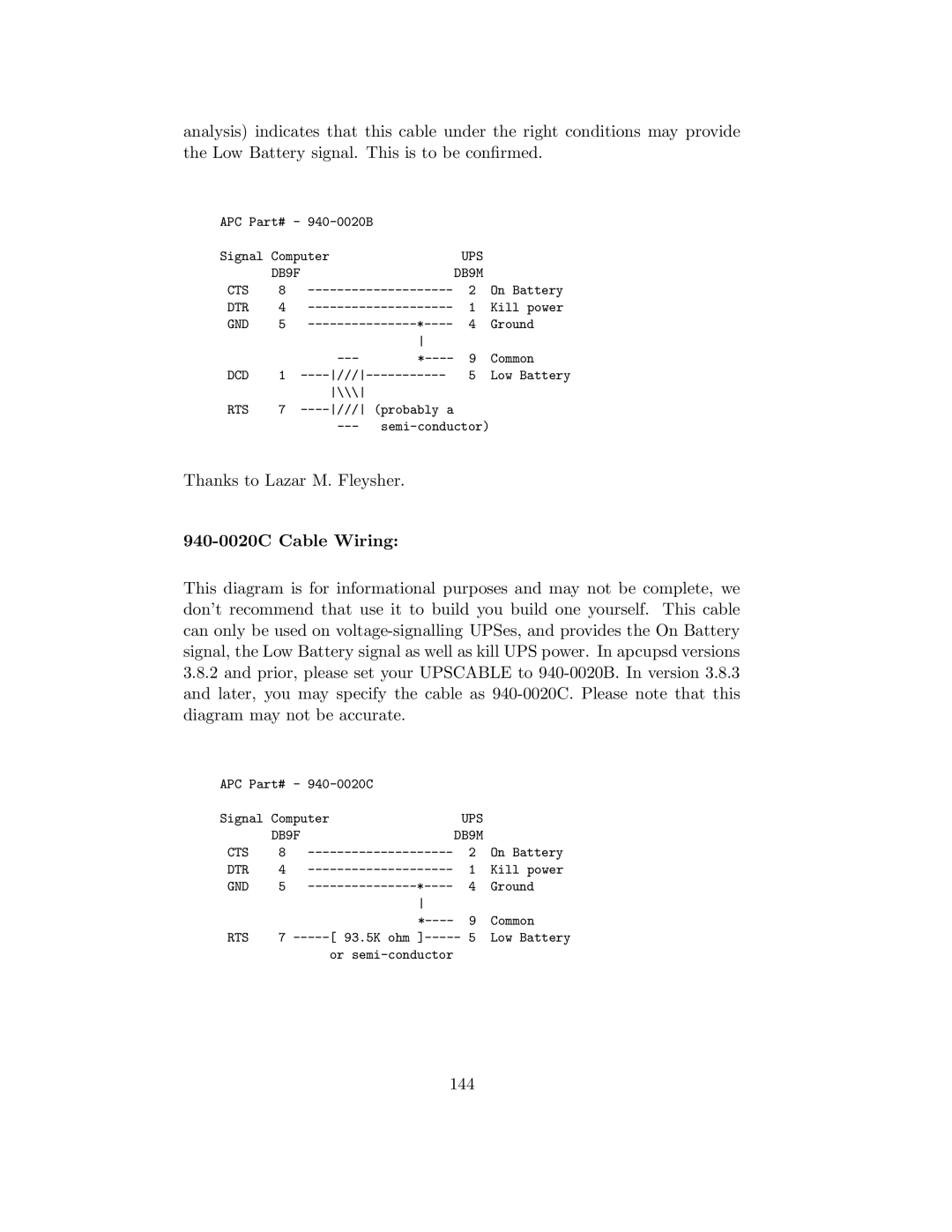 APC UPS control system manual Thanks to Lazar M. Fleysher, 940-0020C Cable Wiring, 144 