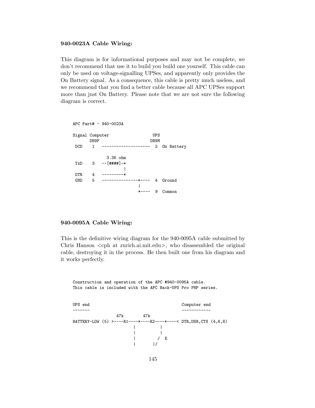APC UPS control system manual 940-0023A Cable Wiring, 940-0095A Cable Wiring, 145 