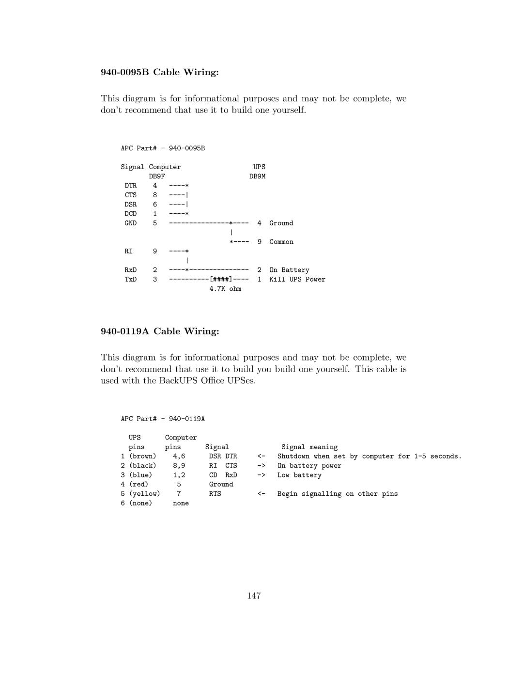 APC UPS control system manual 940-0095B Cable Wiring, 940-0119A Cable Wiring, 147 