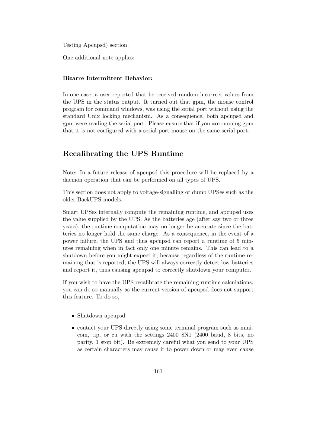 APC UPS control system manual Recalibrating the UPS Runtime, Testing Apcupsd section One additional note applies 