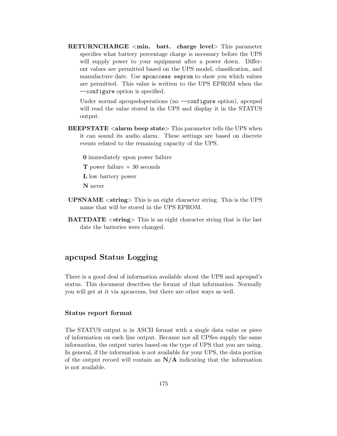 APC UPS control system manual Apcupsd Status Logging, Status report format 