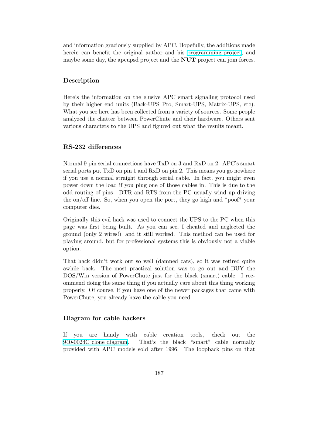 APC UPS control system manual Description, RS-232 diﬀerences, Diagram for cable hackers 