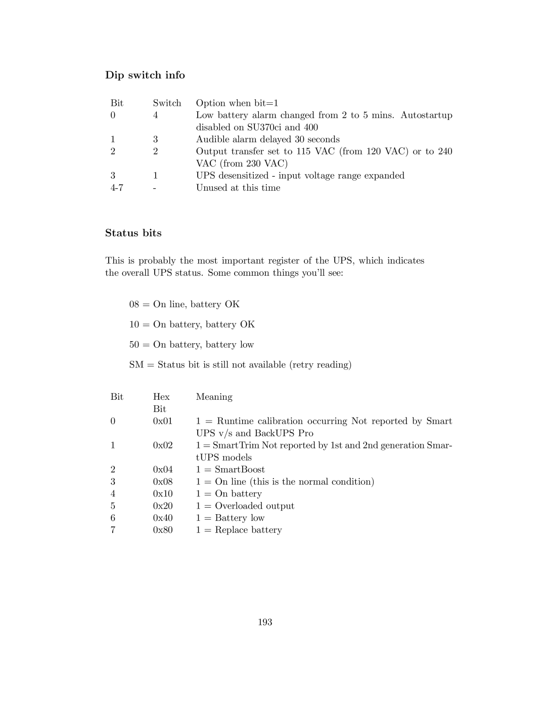 APC UPS control system manual Dip switch info, Status bits 