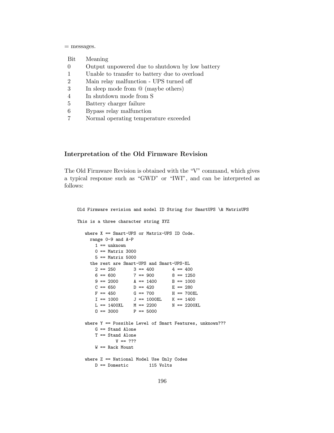 APC UPS control system manual Interpretation of the Old Firmware Revision, 196 