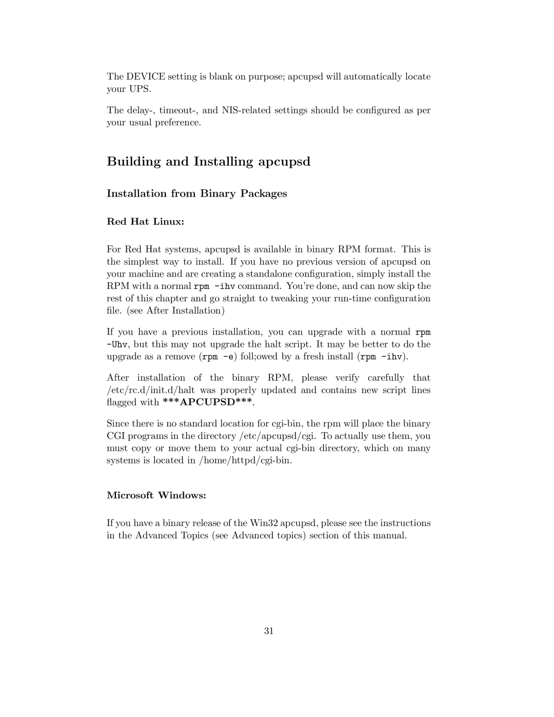 APC UPS control system manual Building and Installing apcupsd, Installation from Binary Packages, Red Hat Linux 