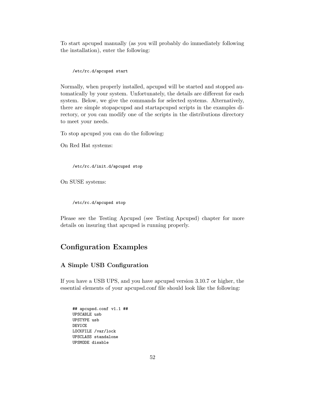 APC UPS control system manual Conﬁguration Examples, Simple USB Conﬁguration, On Suse systems 