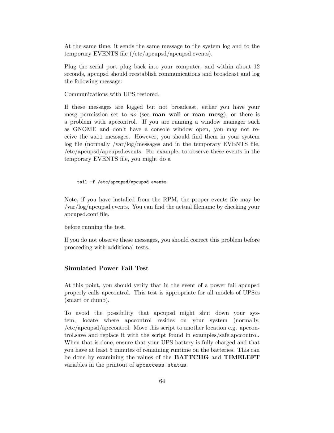 APC UPS control system manual Simulated Power Fail Test 