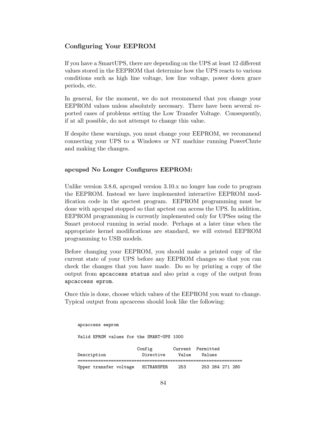 APC UPS control system manual Conﬁguring Your Eeprom, Apcupsd No Longer Conﬁgures Eeprom 