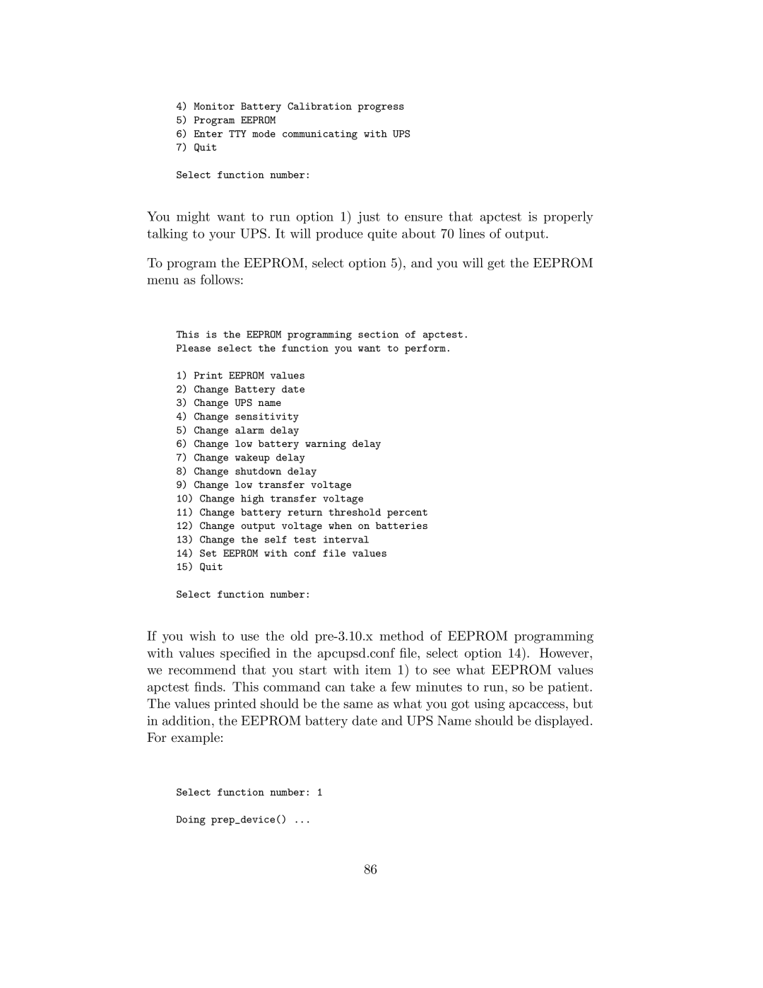 APC UPS control system manual Select function number Doing prepdevice 