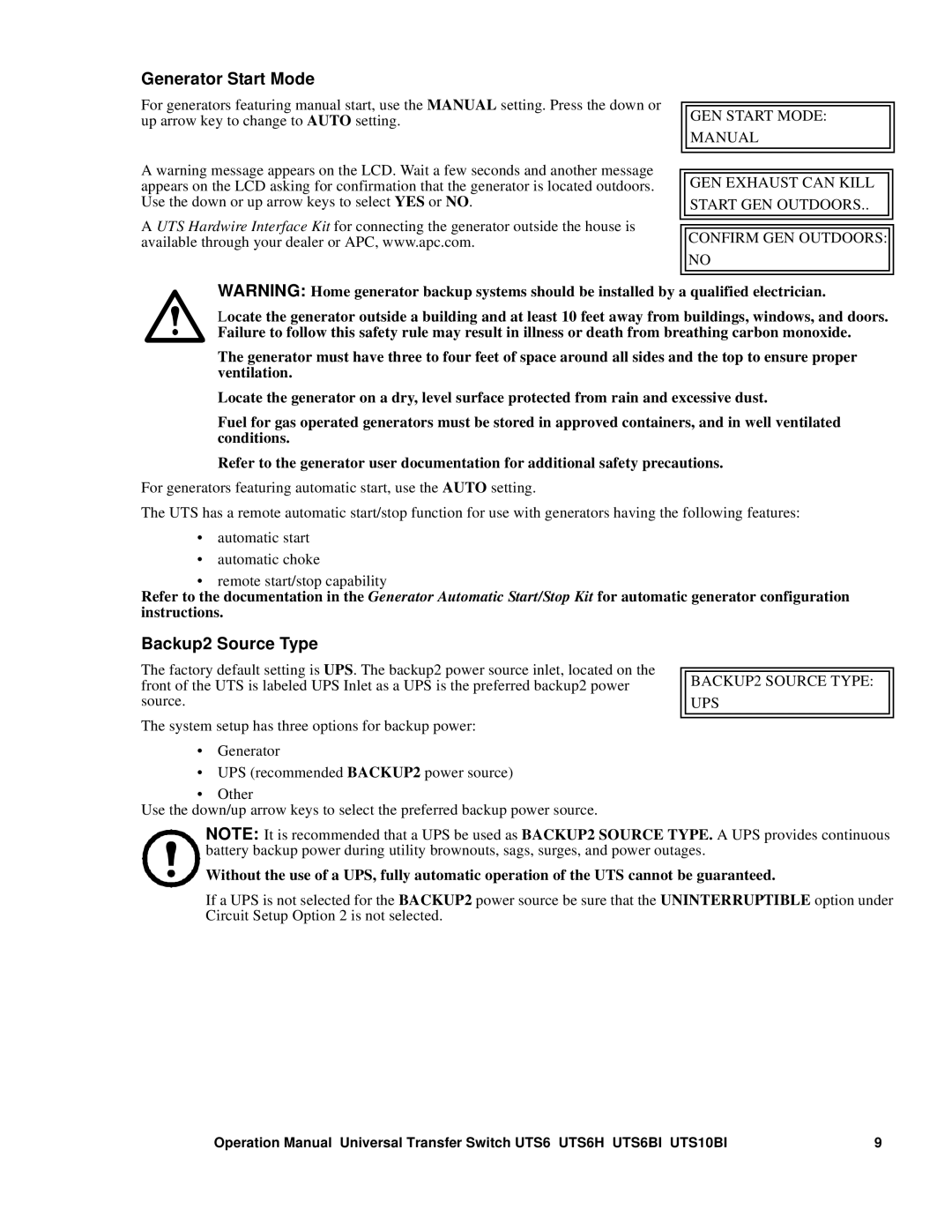 APC UTS6H, UTS10BI, BU154A operation manual Generator Start Mode, Backup2 Source Type, BACKUP2 Source Type 