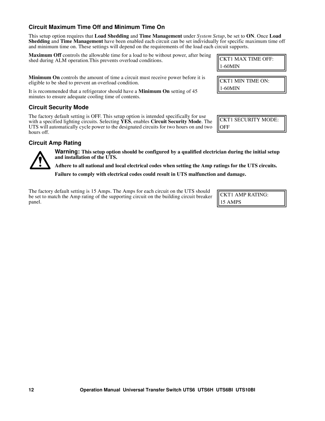 APC UTS10BI, UTS6H, BU154A Circuit Maximum Time Off and Minimum Time On, Circuit Security Mode, Circuit Amp Rating 