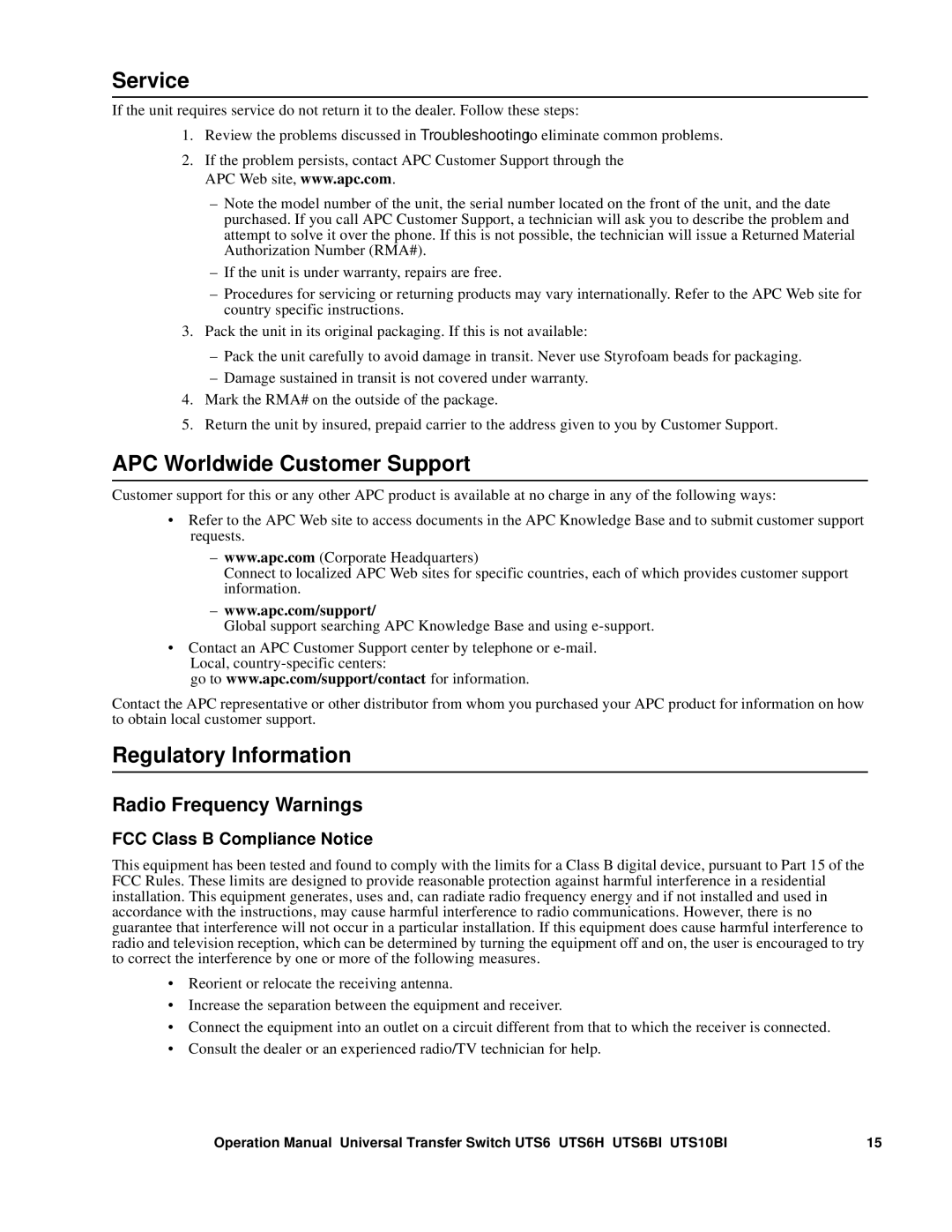 APC UTS10BI, UTS6H, BU154A Service, APC Worldwide Customer Support, Regulatory Information, Radio Frequency Warnings 