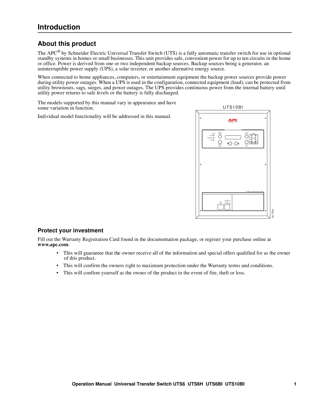 APC UTS6H, UTS10BI, BU154A operation manual Introduction, About this product, Protect your investment 