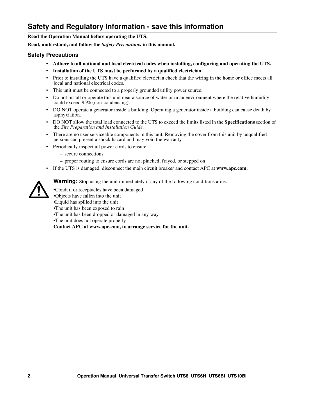 APC BU154A, UTS10BI, UTS6H operation manual Safety and Regulatory Information save this information, Safety Precautions 