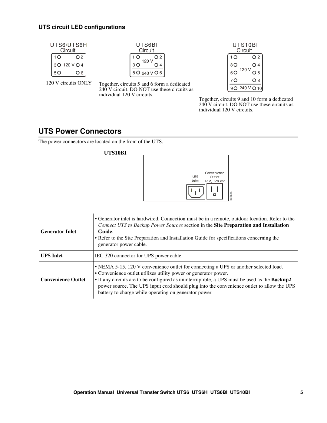 APC UTS6H UTS Power Connectors, UTS circuit LED configurations, Generator Inlet Guide, UPS Inlet, Convenience Outlet 