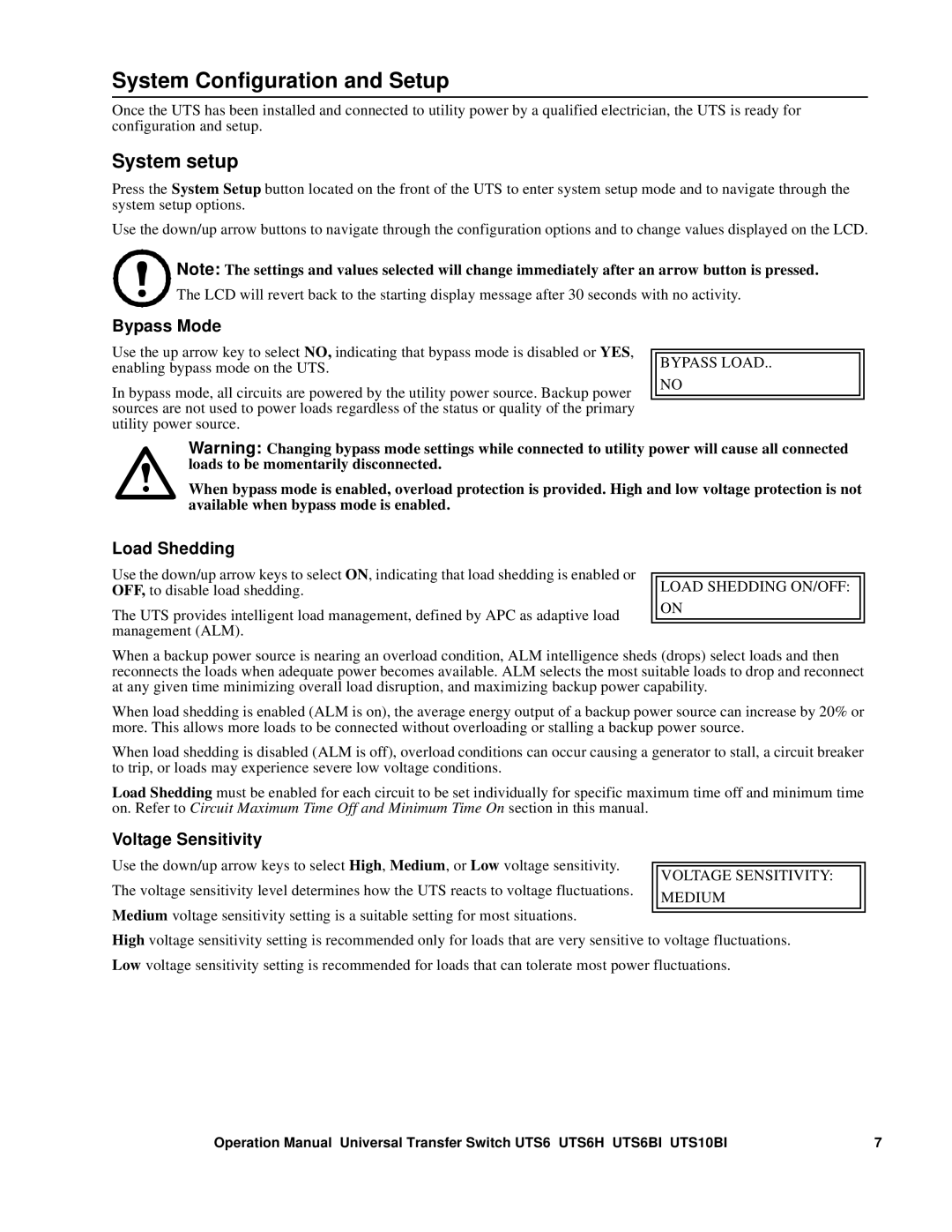 APC UTS10BI, UTS6H, BU154A System Configuration and Setup, System setup, Bypass Mode, Load Shedding, Voltage Sensitivity 