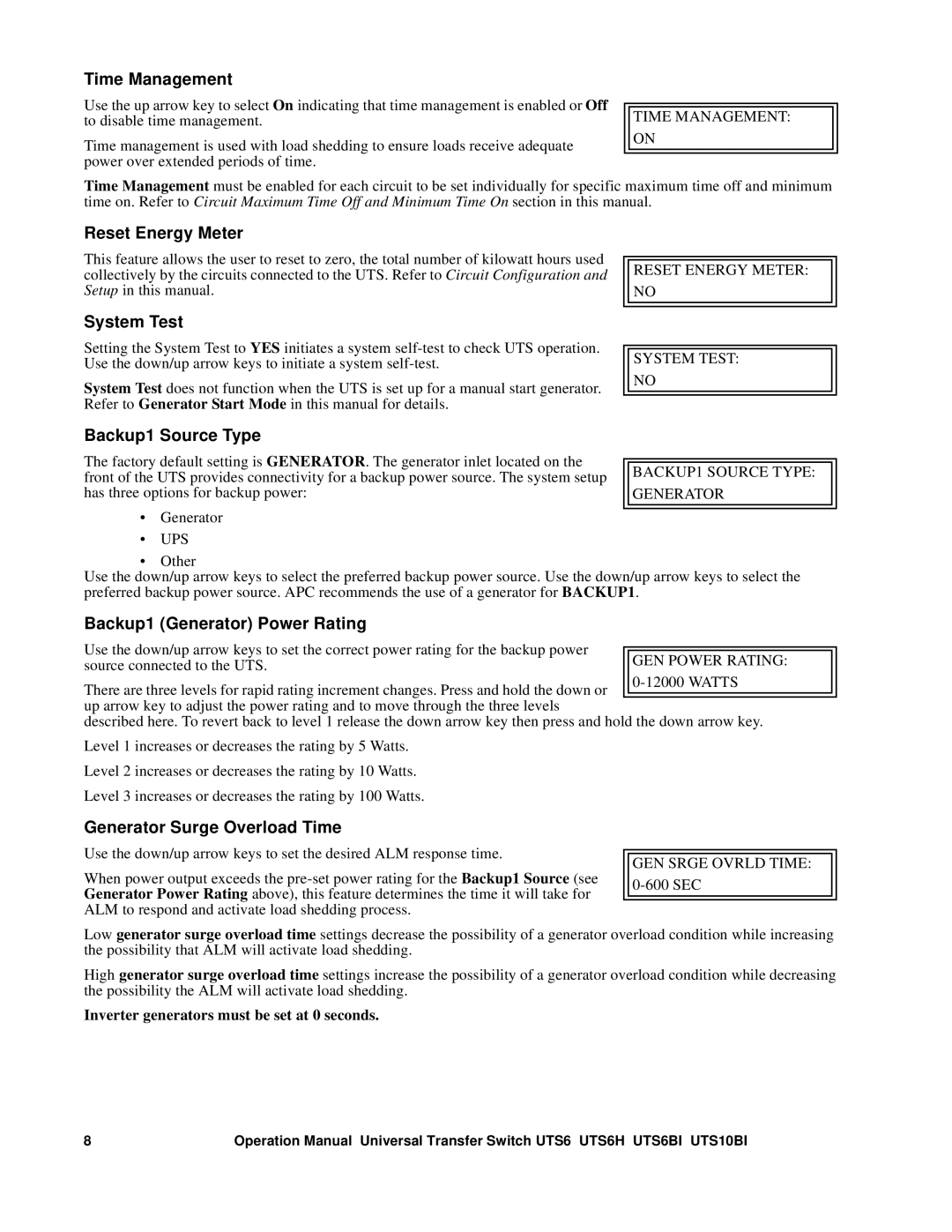 APC UTS10BI, UTS6 Time Management, Reset Energy Meter, System Test, Backup1 Source Type, Backup1 Generator Power Rating 