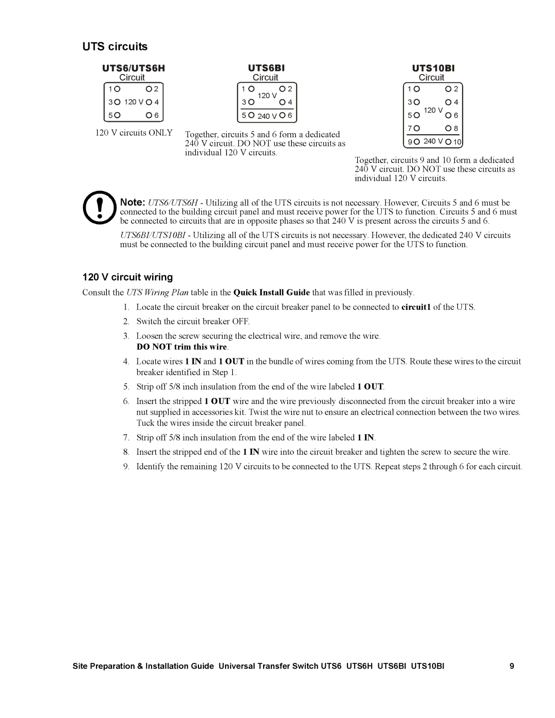 APC UTS10BI, UTS6BI, UTS6H manual UTS circuits, Circuit wiring 