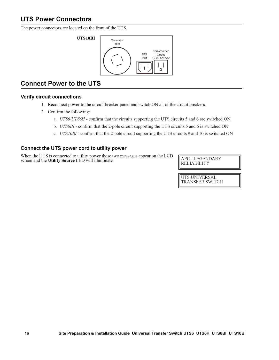 APC UTS6BI, UTS10BI, UTS6H manual UTS Power Connectors, Connect Power to the UTS, Verify circuit connections 