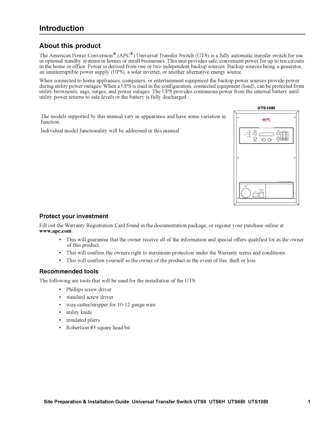 APC UTS10BI, UTS6BI, UTS6H manual Introduction, Protect your investment, Recommended tools 