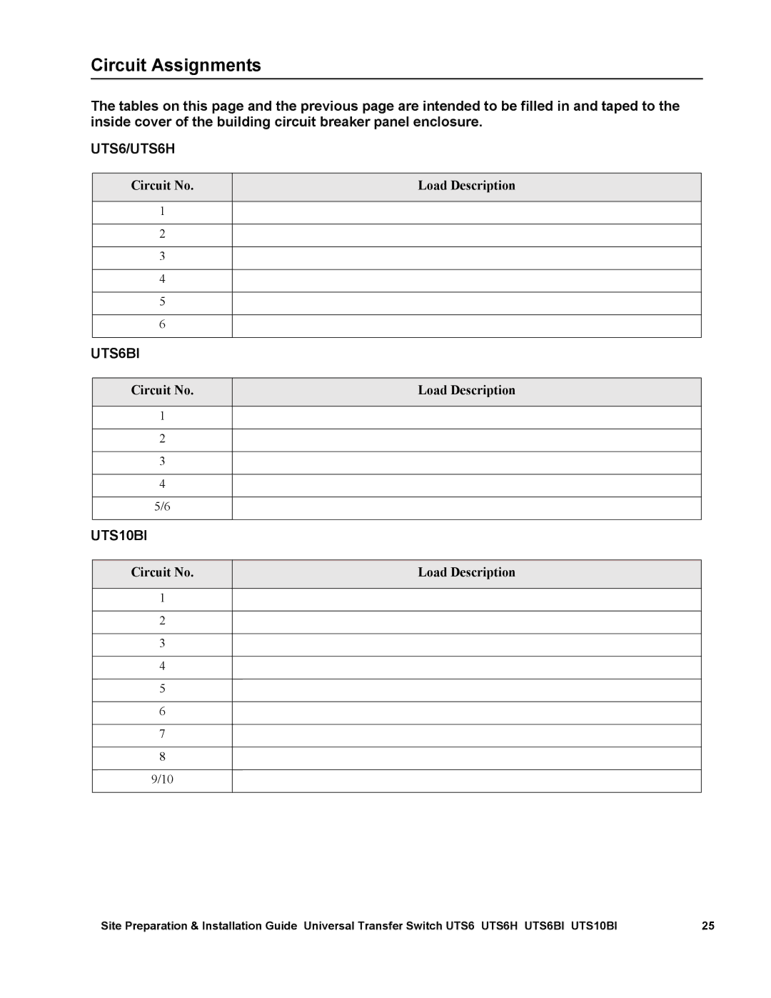 APC UTS10BI, UTS6BI, UTS6H manual Circuit Assignments 