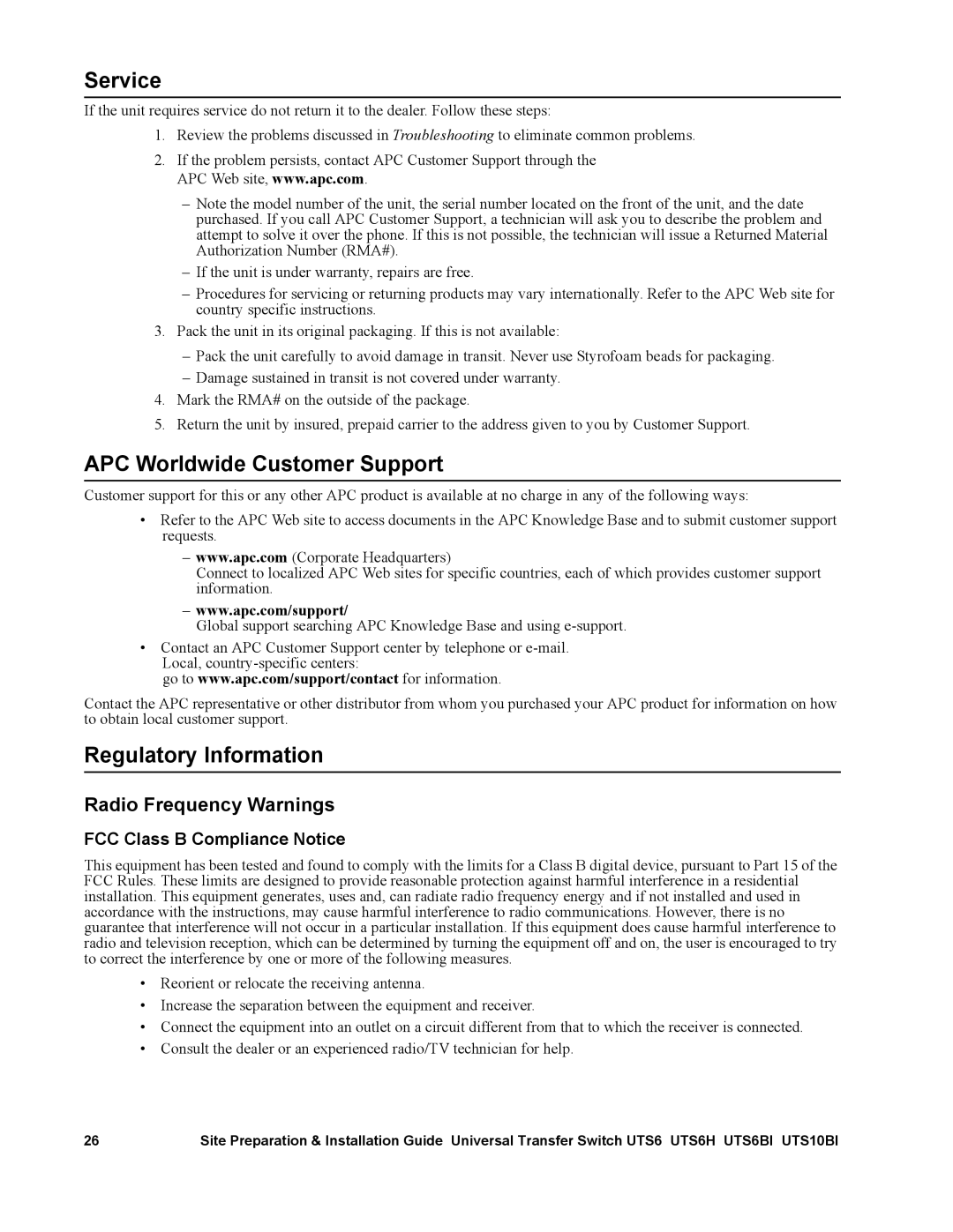 APC UTS6H, UTS6BI, UTS10BI Service, APC Worldwide Customer Support, Regulatory Information, FCC Class B Compliance Notice 