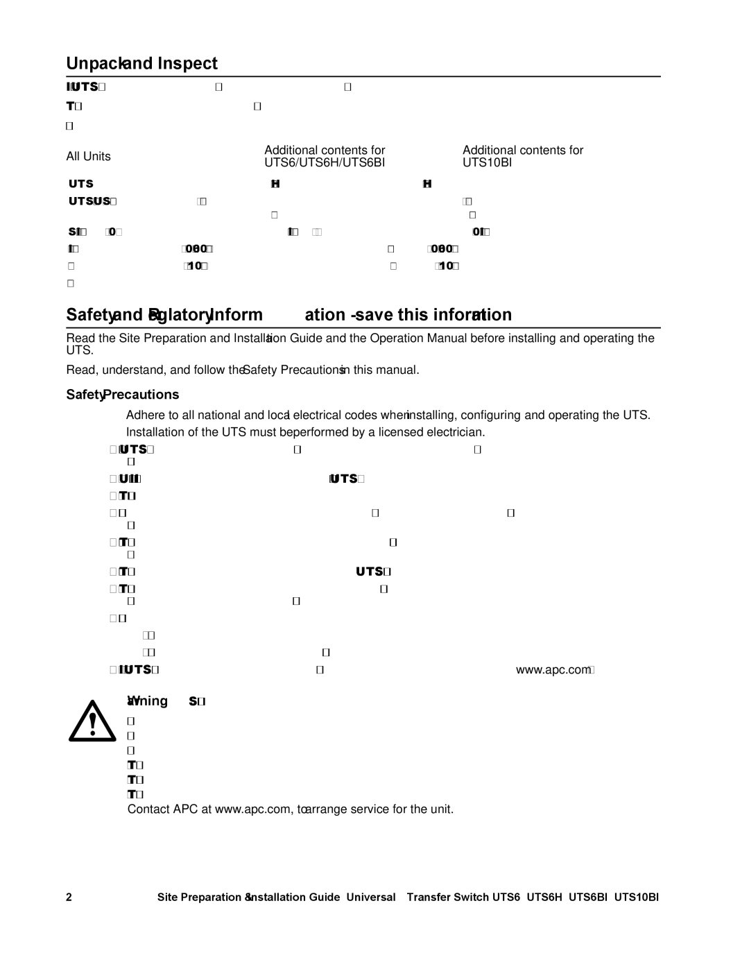APC UTS6H, UTS6BI, UTS10BI Unpack and Inspect, Safety and Regulatory Information save this information, Safety Precautions 