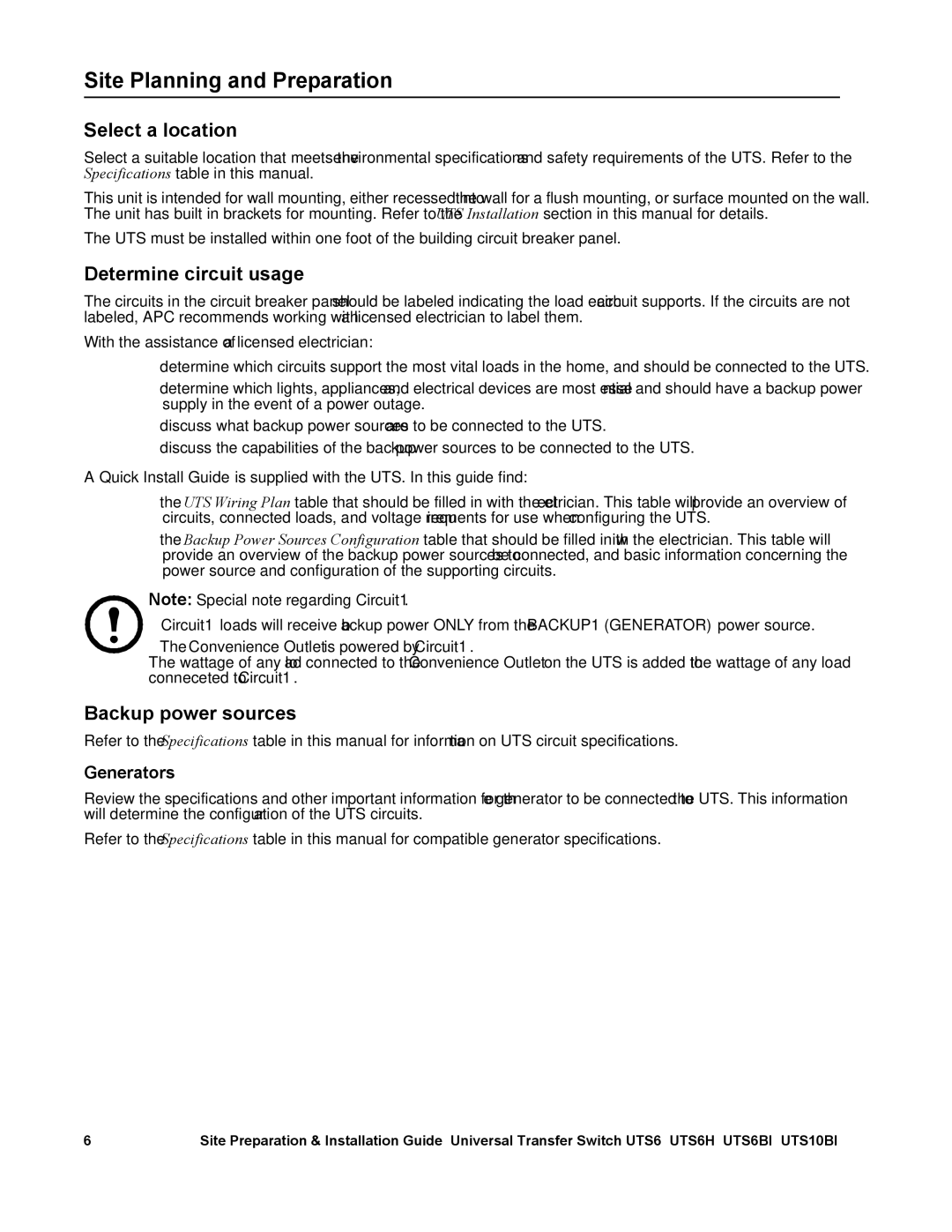 APC UTS6H, UTS6BI, UTS10BI manual Site Planning and Preparation, Generators, Convenience Outlet is powered by Circuit1 