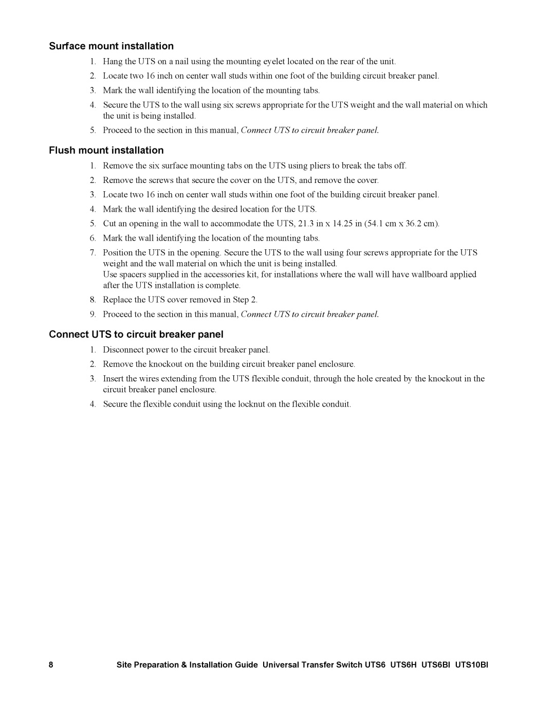APC UTS6BI, UTS10BI, UTS6H Surface mount installation, Flush mount installation, Connect UTS to circuit breaker panel 